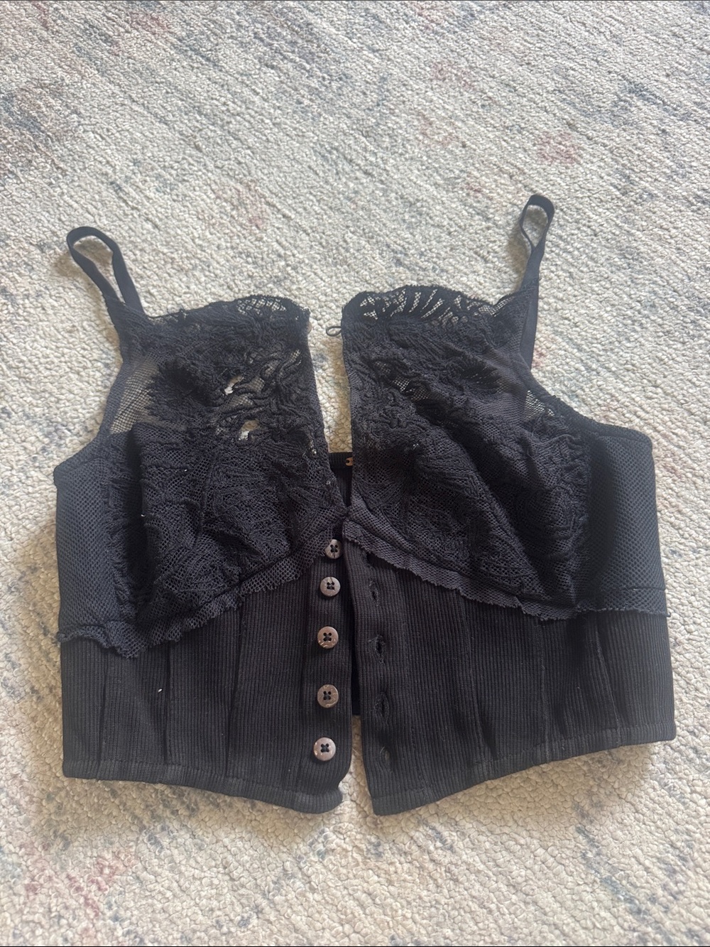 Free People Black Lace-Trim Ribbed Button-Front Crop Cami